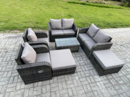 Fimous 8 Seater Garden Furniture Set Rattan Outdoor Lounge Sofa Chair With Tempered Glass Table 2 Big Footstool Dark Grey Mixed - thumbnail 2