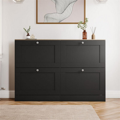 Black & Oak Modern 4 Tier Drawer Door Shoe Cabinet Hallway Storage Space Organisation Unit - image 1