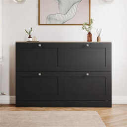 Black  & Oak Modern 4 Tier Drawer Door Shoe Cabinet Hallway Storage Space Organisation Unit - thumbnail 1