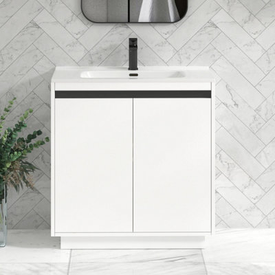 Royal Bathrooms Orion 800mm Matt White 2 Door Floor Standing Vanity Unit With Ceramic Basin & Black Strip - image 1