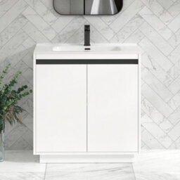 Royal Bathrooms Orion 800mm Matt White 2 Door Floor Standing Vanity Unit With Ceramic Basin & Black Strip - thumbnail 1