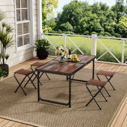 Thehotsale Outdoor Folding Picnic Table With 4 Oxford Mat Stools Umbrella Hole Fold Up Suitcase Table - thumbnail 1