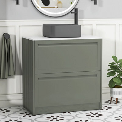 Royal Bathrooms Royal Bathroom Elmore 800mm Matt Green Freestanding Bathroom Vanity Unit 2 Drawer Plain White Worktop With Art Square Basin - image 1