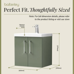 Balterley Contemporary Bathroom Wall Hung 2 Soft-Close Door Vanity Unit & Mid-Edge Basin, Satin Green, 500 mm - thumbnail 5