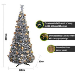 Pegdev - Pdl - Elegant Pop-Up Pre-Lit Christmas Tree With Gold Baubles, 200 Warm Leds, Frosted Leaves, Timer, Easy Assembly, 2.1M - thumbnail 2