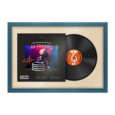"AK Frames 25X17"" Navy Blue Sleek Vinyl Record Frame With Ivory Mount For 12 Inch Lp Cover & Disc - Overlapped Design" - image 1