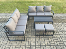Fimous Aluminium Patio Outdoor Garden Furniture Lounge Sofa Set With Oblong Coffee Table 2 Small Footstools Dark Grey - thumbnail 1