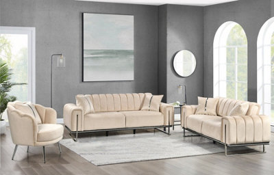 Q&p Furniture London Sofa Set  1+2+3 Seater Luxury Beige Velvet Sofa Bed With Silver Frame - image 1