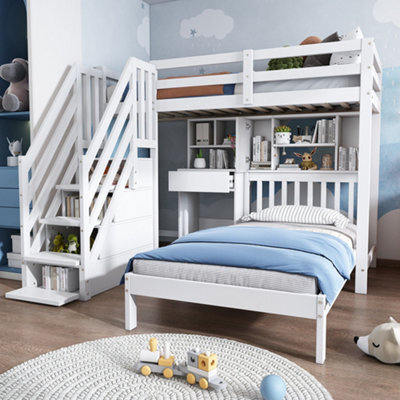 Abrihome Multifunctional Kids' Bunk Bed With Integrated Desk & Slatted Frame, Playhouse Bunk Bed With Desk, Shelves & Storage, White - image 1