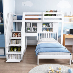 Abrihome Multifunctional Kids' Bunk Bed With Integrated Desk & Slatted Frame, Playhouse Bunk Bed With Desk, Shelves & Storage, White - thumbnail 9