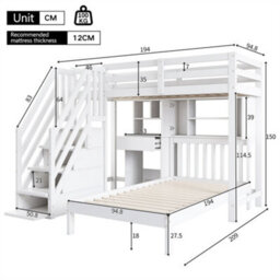 Abrihome Multifunctional Kids' Bunk Bed With Integrated Desk & Slatted Frame, Playhouse Bunk Bed With Desk, Shelves & Storage, White - thumbnail 4