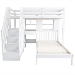 Abrihome Multifunctional Kids' Bunk Bed With Integrated Desk & Slatted Frame, Playhouse Bunk Bed With Desk, Shelves & Storage, White - thumbnail 6