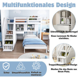 Abrihome Multifunctional Kids' Bunk Bed With Integrated Desk & Slatted Frame, Playhouse Bunk Bed With Desk, Shelves & Storage, White - thumbnail 2