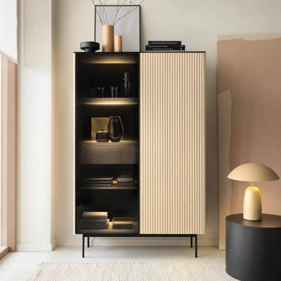 Arte Orta Tall Display Cabinet 107Cm - Oak Vincenza & Black Ribbed Glass Display Unit With Drawer And Led Lighting - image 1