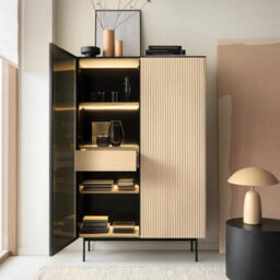 Arte Orta Tall Display Cabinet 107Cm - Oak Vincenza & Black Ribbed Glass Display Unit With Drawer And Led Lighting - thumbnail 2
