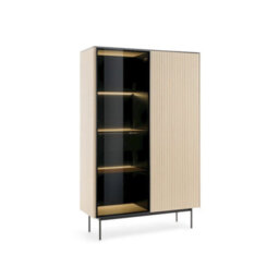 Arte Orta Tall Display Cabinet 107Cm - Oak Vincenza & Black Ribbed Glass Display Unit With Drawer And Led Lighting - thumbnail 3