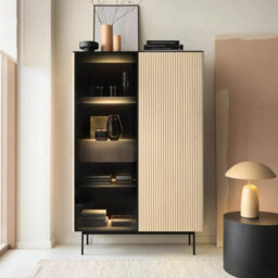 Arte Orta Tall Display Cabinet 107Cm - Oak Vincenza & Black Ribbed Glass Display Unit With Drawer And Led Lighting