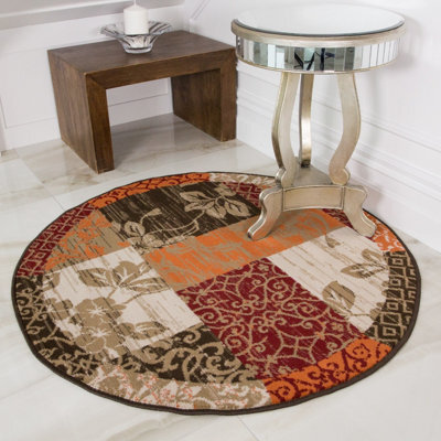 Loomed Red Terracotta Brown Floral Patchwork Living Room Round Circular Mat 120X120Cm - image 1