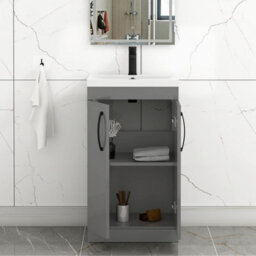 Royal Bathrooms Turin Indigo Grey Gloss 500mm Floor Standing Vanity Unit 2 Door With Mid-Edge Basin Sink & Matt Black Handles - thumbnail 5