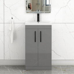 Royal Bathrooms Turin Indigo Grey Gloss 500mm Floor Standing Vanity Unit 2 Door With Mid-Edge Basin Sink & Matt Black Handles