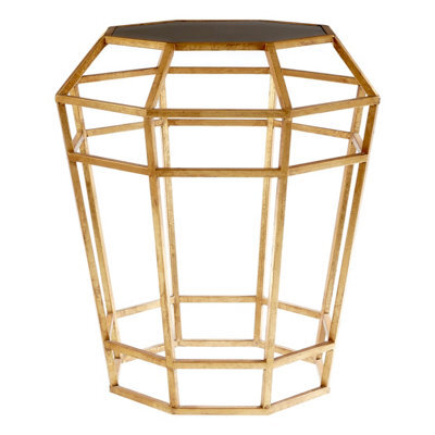 Orsina  Geomatric Drum Shaped Table, Stylish Small Table With Octagonal Black Glass Top, Gold Prismatic Side Table - image 1