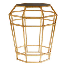 Orsina  Geomatric Drum Shaped Table, Stylish Small Table With Octagonal Black Glass Top, Gold Prismatic Side Table - thumbnail 1