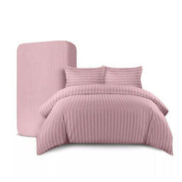 Ameha Peach Striped Microfibre Bedding Set King, Reversible & Breathable Duvet Cover, Fitted Sheet & Pillowcases - thumbnail 3