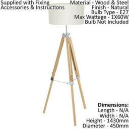 Stylish Tripod Floor Lamp With Beige Fabric Shade And Wooden Legs - thumbnail 2