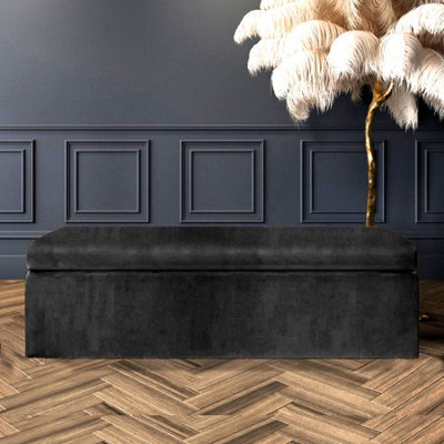 120Cm Large Plain Safar Storage Ottoman Box, Black Plush Velvet Upholstered Deep Storage Ottoman End Of Bed Bench - image 1