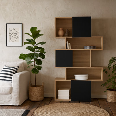 Wyld Haus Taichung Hickory Oak-Effect And Black Asymmetrical Bookcase, 5 Shelves - image 1