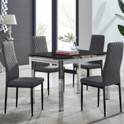 Furniturebox Uk Enna Black Glass Extending Dining Table And 4 Grey Velvet Milan Black Leg Chairs - thumbnail 1