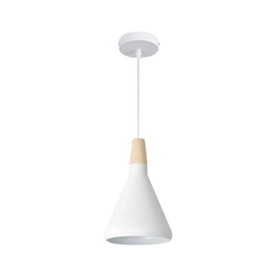 Simple Lighting White Cone Pendant Light With Wood Accent And Round Edges, 310mm Height, E27 Base - image 1