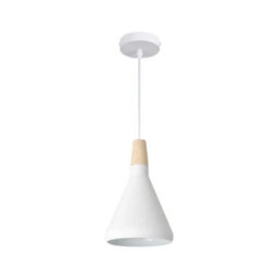 Simple Lighting White Cone Pendant Light With Wood Accent And Round Edges, 310mm Height, E27 Base - thumbnail 1