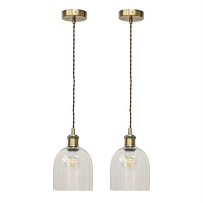 First Choice Lighting Set Of 2 Belten - Clear Glass Cloche Antique Brass Retro Pendants - image 1