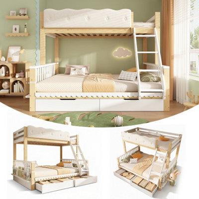 Btm Kids Bunk Bed, 90+135X190Cm Wooden Bunk Bed With Drawers And Side Bookshelf, White And Natural - image 1