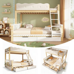 Btm Kids Bunk Bed, 90+135X190Cm Wooden Bunk Bed With Drawers  And Side Bookshelf, White  And Natural - thumbnail 1