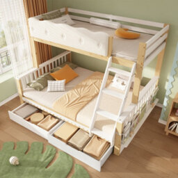 Btm Kids Bunk Bed, 90+135X190Cm Wooden Bunk Bed With Drawers  And Side Bookshelf, White  And Natural - thumbnail 7