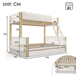 Btm Kids Bunk Bed, 90+135X190Cm Wooden Bunk Bed With Drawers  And Side Bookshelf, White  And Natural - thumbnail 2