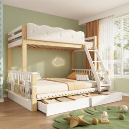 Btm Kids Bunk Bed, 90+135X190Cm Wooden Bunk Bed With Drawers  And Side Bookshelf, White  And Natural - thumbnail 8