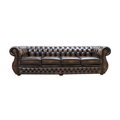 Chesterfield Original 4 Seater Sofa Antique Gold Real Leather In Kimberley Style - image 1