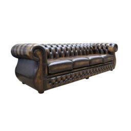 Chesterfield Original 4 Seater Sofa Antique Gold Real Leather In Kimberley Style - thumbnail 2
