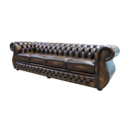 Chesterfield Original 4 Seater Sofa Antique Gold Real Leather In Kimberley Style - thumbnail 3