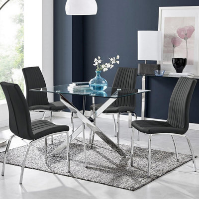 Furniturebox Uk Leonardo Glass And Chrome Metal Dining Table And 4 Black Isco Chairs Set - image 1