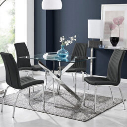 Furniturebox Uk Leonardo Glass And Chrome Metal Dining Table And 4 Black Isco Chairs Set - thumbnail 1
