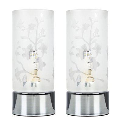 Valuelights Pair Of Floral Design Glass Polished Chrome Touch Table Lamps