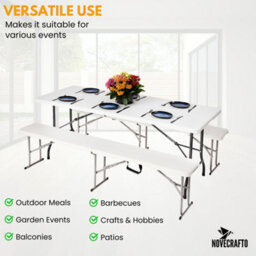 Novecrafto Folding Table White 180Cm Surface - Sturdy Steel Frame Trestle Table, Powder Coated Foldable Table - Camping Table For 6 Person - thumbnail 6
