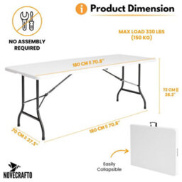 Novecrafto Folding Table White 180Cm Surface - Sturdy Steel Frame Trestle Table, Powder Coated Foldable Table - Camping Table For 6 Person - thumbnail 3