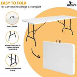 Novecrafto Folding Table White 180Cm Surface - Sturdy Steel Frame Trestle Table, Powder Coated Foldable Table - Camping Table For 6 Person - thumbnail 2