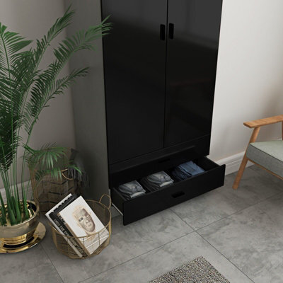 Urbn-Living Urbnliving Height 180Cm Glossy Grey Carcass & Black Drawers Tall 2 Door Wardrobe Bedroom Storage Hanging Rail Modern Furniture - image 1