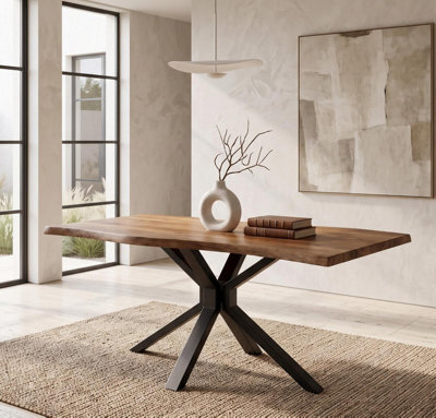 n.A. Rustic Brown Dark Wood-Effect Wavy Dining Table With X-Shaped Metal Legs, 117X77X75Cm - image 1